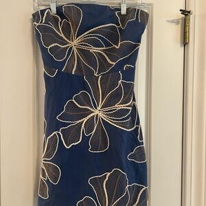 Anthropologie Strapless Dress in Blue with Cream Floral